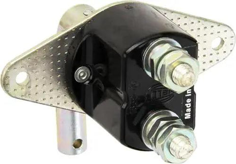 Battery Master Switch Two Screw Bolted Normally Open Contact For Vehicles, angled view, black casing with metal bolts