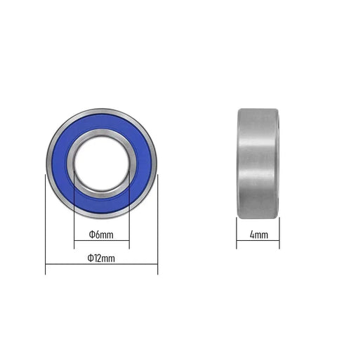Pro Grade Deep Groove Ball Bearing 6x12x4mm MR126-2RS blue rubber sealed chrome steel front and side view with dimensions