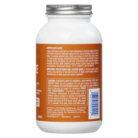 Side view of container labeled Copper Anti-Seize Compound With Micro Fine Copper Flakes In A Semi-Synthetic Grease Carrier 454 g