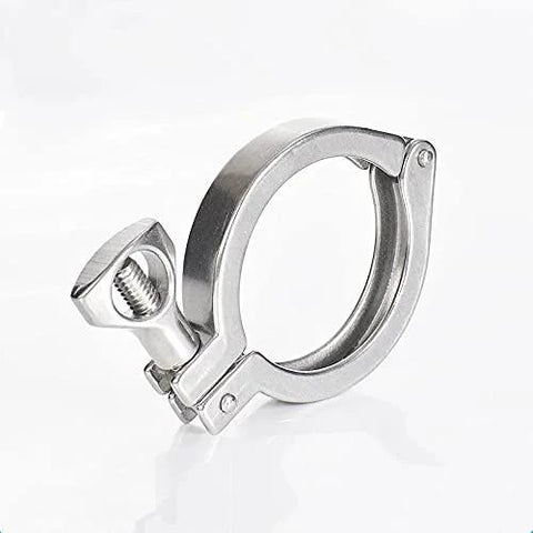 1.5-inch sanitary tri-clamp in stainless steel with wing nut and single pin.