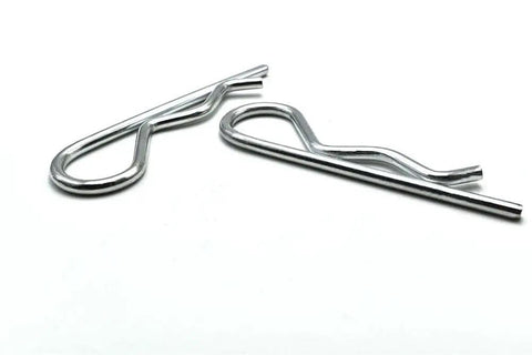 Two M7 X 150 Hairpin Cotter Pin Clip R Shape Spring Retaining Clip For Fast Locking Bolts, rustproof carbon steel, on white background.