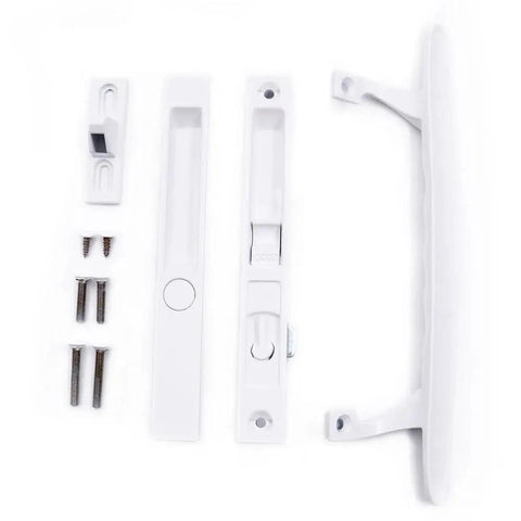 Flush Mount NonKeyed Sliding Glass Patio Door Lock Handle Set Fits One To One And One Eighth Inch Thick Doors With Six And Five Eighth Inch Hole Spacing Night Lock Hook Latch NonHanded White