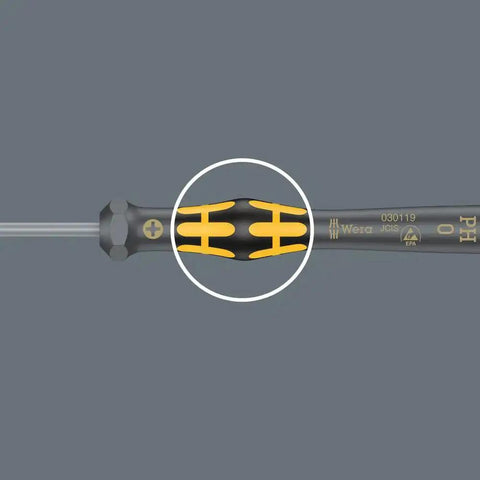 Close-up of ESD Safe Kraftform Micro Slotted Screwdriver With Anti Roll Handle, showcasing ergonomic design and black point tip, 0.30 x 1.8 x 60 mm.