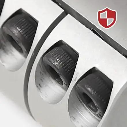 Close-up of Aluminum Shaft Coupling 14Mm To 20Mm Rigid Clamping Shaft Coupler for Stepper Motors with recessed screws.