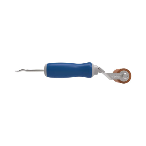 Everhard Roll-N-Chek silicone seam roller with tester probe, blue handle, brown wheel, MR05032