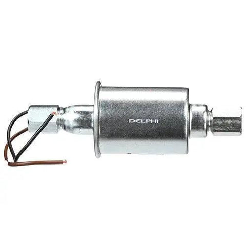 Universal 12V Inline Diesel Fuel Pump for Beefy Diesel Installations, OE Heritage Quality, silver cylindrical design, side view