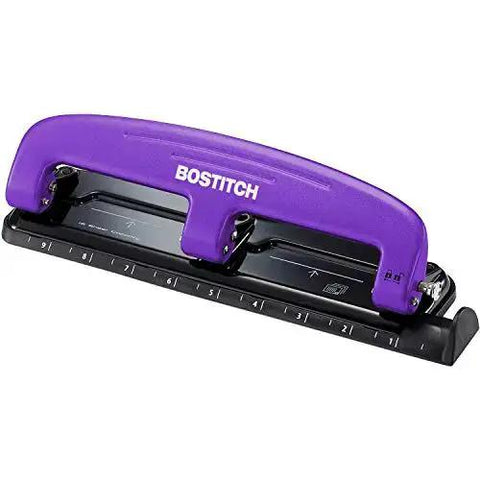 Purple EZ Squeeze Reduced Effort 3 Hole Punch For Busy Office, No Jam Technology, with integrated ruler and durable metal construction.