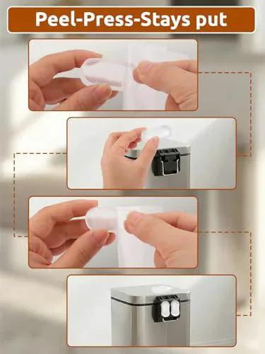 Peel-and-stick installation of Transparent Wall Protectors Behind Trash Cans, 6 Pack Silicone Bumpers for lids and bodies.