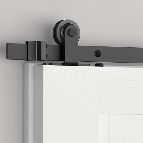 Skyen Sliding Barn Door Hardware Roller Set Black T Shape Roller Set Carbon Steel With Black Powder Coat installed on door