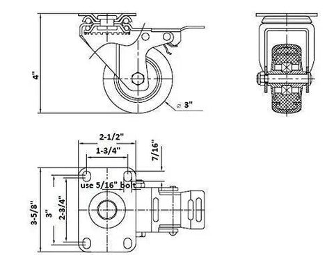 Technical diagram of heavy duty 3-inch caster wheels set of 4 with brakes locking swivel casters premium polyurethane wheels