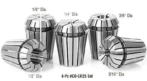 Set of ER25 Spring Collet CNC Router Tool Holders including 3/8 Inch Diameter for precision machining, CO-287 industrial grade.