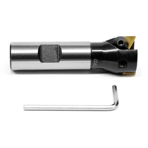 Three Quarters Inch Straight Shank Indexable End Mill With One Inch Cutting Diameter And Three And A Quarter Inch Overall Length Tin Coated TP22 Inserts TPCN1103PDTR Two Flutes 2 Pack Carbide Milling Tool For Aluminum And Steel with hex key visible