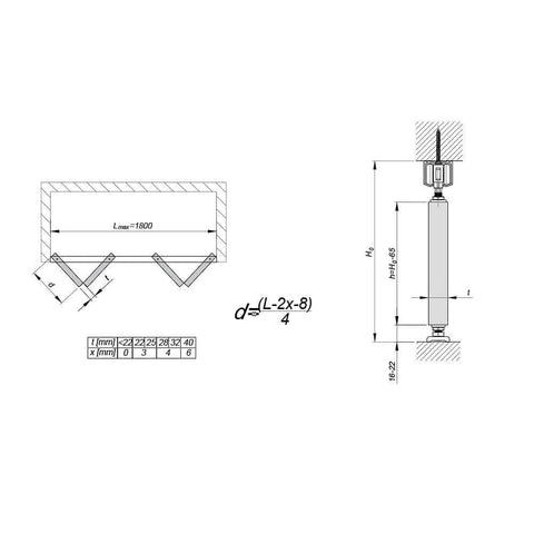 Technical diagram of heavy duty ceiling mounted bifold door hardware kit with 70 inch track for four folding panels up to 55 lbs each.