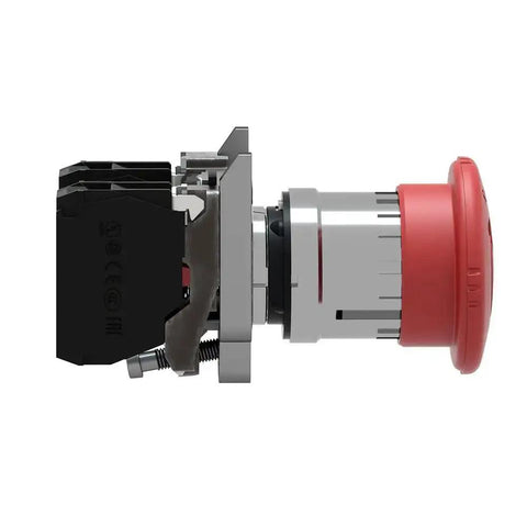 Side view of Red Emergency Stop Push Button Switch SPST No NC With Push Turn Release For Heavy Duty Rugged Safety Cutoff, screw clamp terminals.