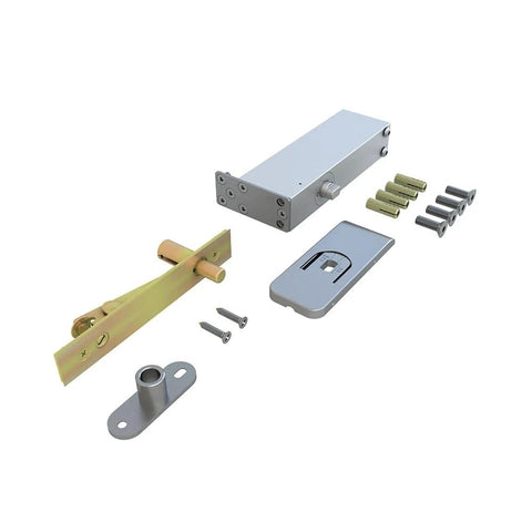 Pivot hinge hardware kit for 36 In By 84 In Full Lite Opaque Frosted Glass Interior Pivot Door with black steel frame.