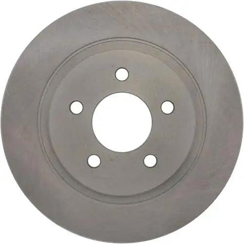 Front view of rear brake rotor disc for Ford Mustang; silver-gray metal with five lug holes and central hub.