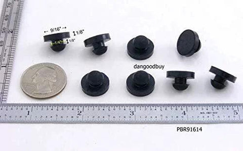 Ridged Stem Rubber Push-In Bumper 9/16 Inch Diameter Fits 1/4 Inch Hole In 1/8 Inch Thick Material Durometer 60A SBR displayed with rulers and coin for scale