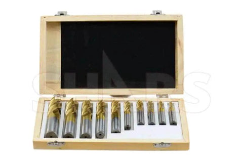 End Mill Set For Metalworking With Tin Coated Center Cut 4 Flute Bits 3 Sixteenth To 3 Quarter Inch Range Single End 10 Piece Includes Shars Part 404-5869 in wooden case