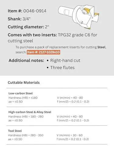 Diagram of Indexable End Mill With TPG32 Carbide Inserts, Two Inch Cutting Diameter, Three Quarter Inch Straight Shank, showing specifications