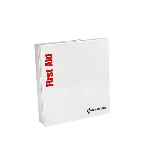 White ANSI 2015 B and OSHA Compliant 50 Person First Aid Kit with 199 pieces; closed case with red 'First Aid' text; office, home, car, job site.