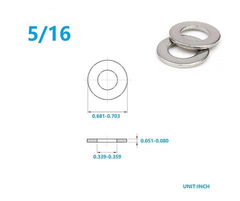 Two 5/16 inch stainless steel flat washers, silver finish, 304 grade