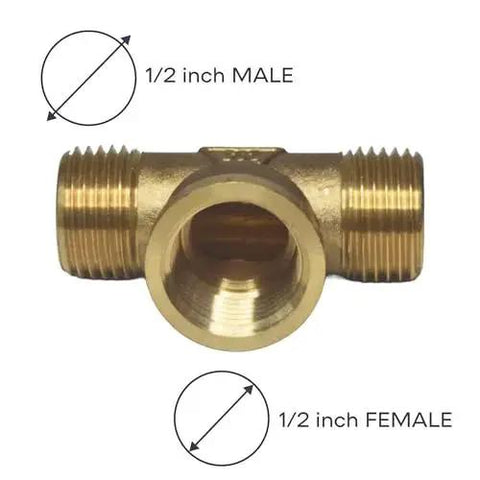 Brass Pipe Tee One Half Inch Male To One Half Inch Female To One Half Inch Male Three Way Connector for plumbing and garden hose lines.