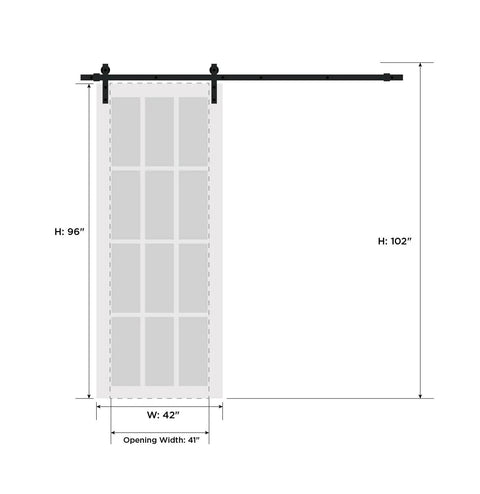 Illustration of Quadro 4088 Barn Door Kit 42 By 96 Inches Black Matte Solid MDF Core with measurements and black rail