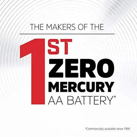 Graphic highlighting the makers of the 1st zero mercury AA battery, emphasizing eco-friendly innovation and safety.