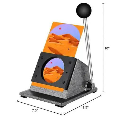 All Metal 44mm Circle Cutter And 32mm Button Punch Die Cutter For DIY Crafts in use, shows 1.26-inch graphic punch, 18-pound base