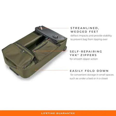 Do It All 27 Inch Medium Upright Duffle With Wheels Softside Checked Luggage Hunter ZDX, showcasing self-repairing zippers and stability features.
