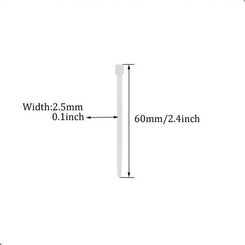 Diagram of 100 Pcs Self Locking Nylon Cable Ties 60mm Long, 2.5mm Wide, 18 Lbs Tensile Strength, showing dimensions in white plastic.