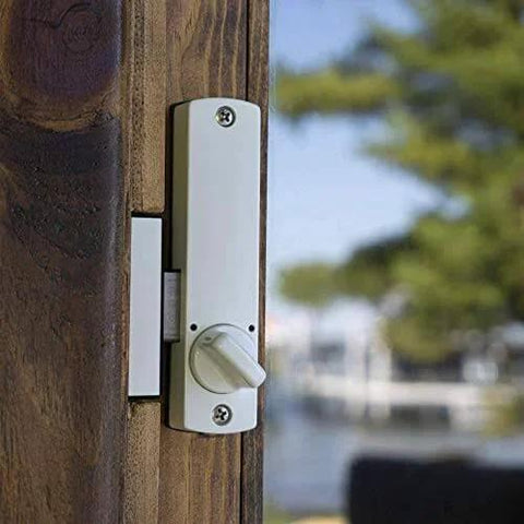 Keyless Push Button Surface Mount Hook Bolt Lock For Sliding Doors White Finish With Programmable Code Ideal For Light Duty Applications Mechanical C 150 Series Digital Door Lock Includes Lifetime Warranty installed on wooden door