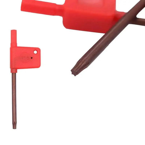 Red T15 Torx wrench with long shaft and hole for keychain attachment