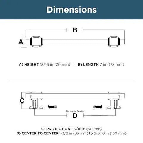 Dimensions diagram of Adjustable Drawer Pulls 5 Pack in Champagne Bronze with Fluted Edge for kitchen cabinets and furniture.