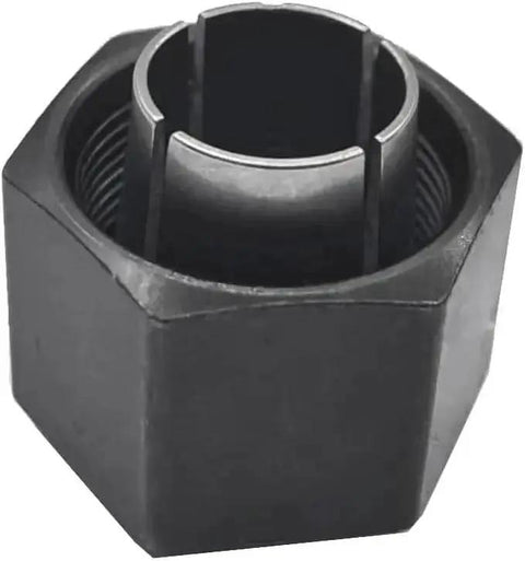 Close-up of a 1/2 inch metal nut from the Router Collet And Nut Set With Reducer Sleeves 6 Piece Kit Includes 1/4 Inch 1/2 Inch And 12 mm Collets