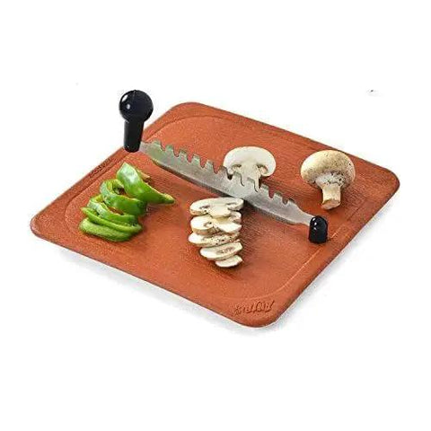Fantastique Deluxe Stainless Steel Vegetable Cutter With Two Sided Razor Sharp Blades And Magnetic Construction Polypropylene Board With Nylon Handle No Finger Cut Safe Fast Veggie And Fruit Slicing By Anjali, shown slicing mushrooms and peppers on a red board.