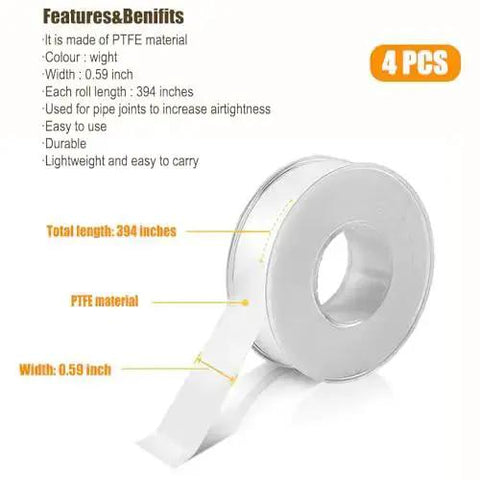 4 Rolls Of 1/2 Inch By 32.8 Ft White Plumbers Tape For Pipe Thread Sealing And Leak Prevention In Home Plumbing, Pro Grade