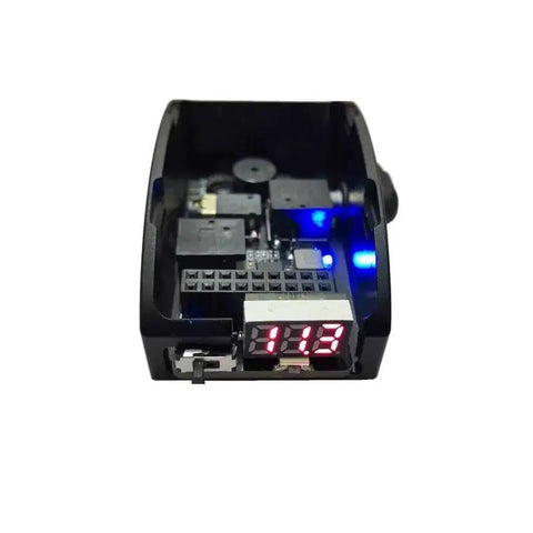 Close-up of 5.8G Analog To Digital FPV Receiver Module Adapter Board with Voltage Alarm, showing front digital display and plug.
