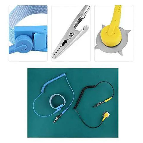 Anti Static Wrist Strap And Ground Mat Set For ESD Safe Phone Repair And Electronics Maintenance Includes Wrist Strap And Two Ground Cables For Desktop Or Workbench Use No Hassle No Fuss Quick Grounding For Pro Style Tech Work displayed with blue wrist strap, yellow grounding tools, and teal mat.
