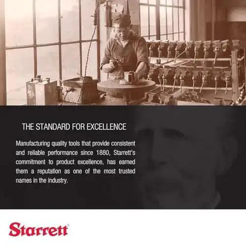 Vintage photo of a craftsman working at a bench with Starrett tool branding and historical information.