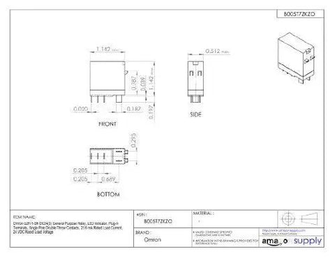 Technical diagram of G2R-1-SN DC24S General Purpose Relay With LED Indicator, dimensions and plug-in terminals, 1 Pole Double Throw Contacts.