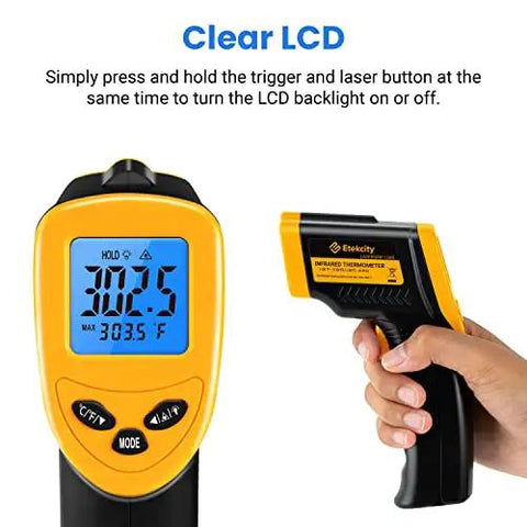 Close-up of Instant Read Infrared Thermometer Laser Temp Gun For Meat BBQ Kitchen And Fridge With Adjustable Emissivity displaying LCD.