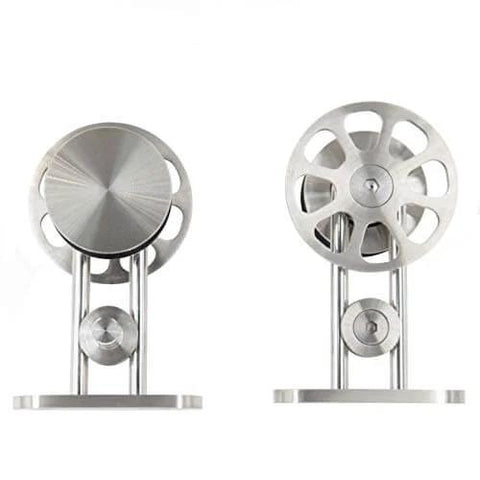 Fortune Stainless Steel Sliding Barn Door Hardware Kit 10 Ft Track Set For Single Door, satin finish rollers close-up