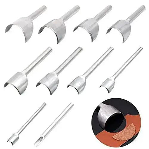 10 Piece Half Round Leather Punch Set for strap ends, DIY crafting, arc-shaped cutter punches, sizes 5mm to 50mm, belts, wallets, bags.