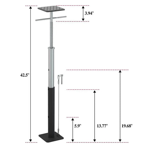 Adjustable RV Slide Out Support Jack measuring 19 to 42 inches with non-marring TPE pad for stability and sag prevention.