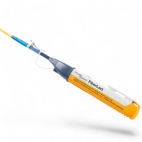 Fluke Networks FiberLert fiber optic tester with orange handle and yellow cable.