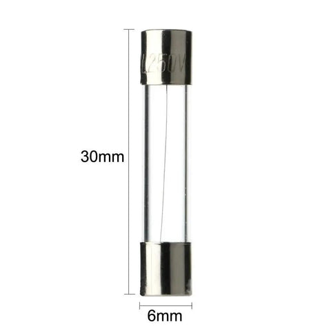 Close-up of a 6x30mm glass fuse from the Inline AGC Fuse Holder Kit With 5 Pieces 6x30mm Screw Type 16 AWG Wire And 100 Fast Blow Glass Fuses 6x30mm Assorted Set 0.5A To 15A For Auto Electrical Projects Plug And Play
