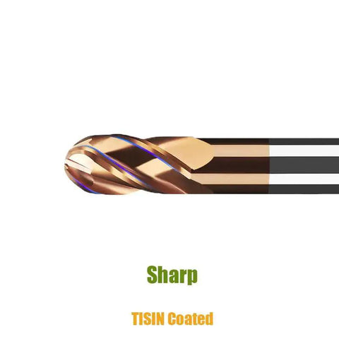 Premium Carbide Ball Nose End Mill Bits Set Five Piece Four Flutes TISIN Coated For Alloy Steels Hardened Steels Diameters One Sixteenth To Three Eighths Inch