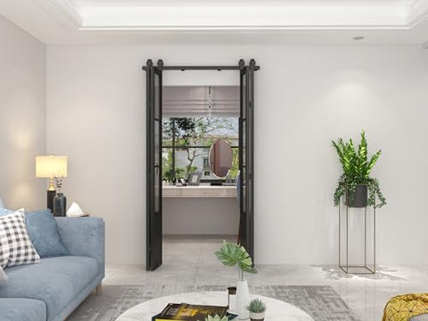 Frosted Glass Double Bi Fold Barn Doors With Black Steel Frame 48 Inch By 84 Inch Three Quarter Lites in modern living room