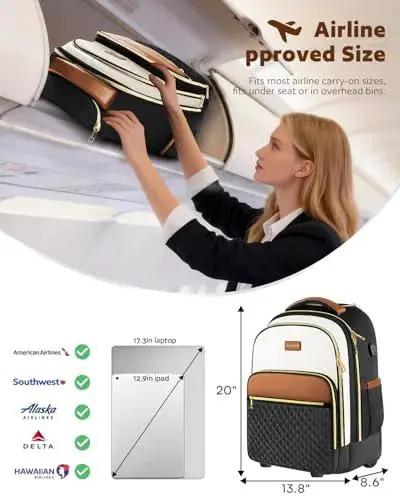 Woman placing rolling backpack with wheels for travel carry on 40L capacity built for women on the go Arcoyard into overhead bin.